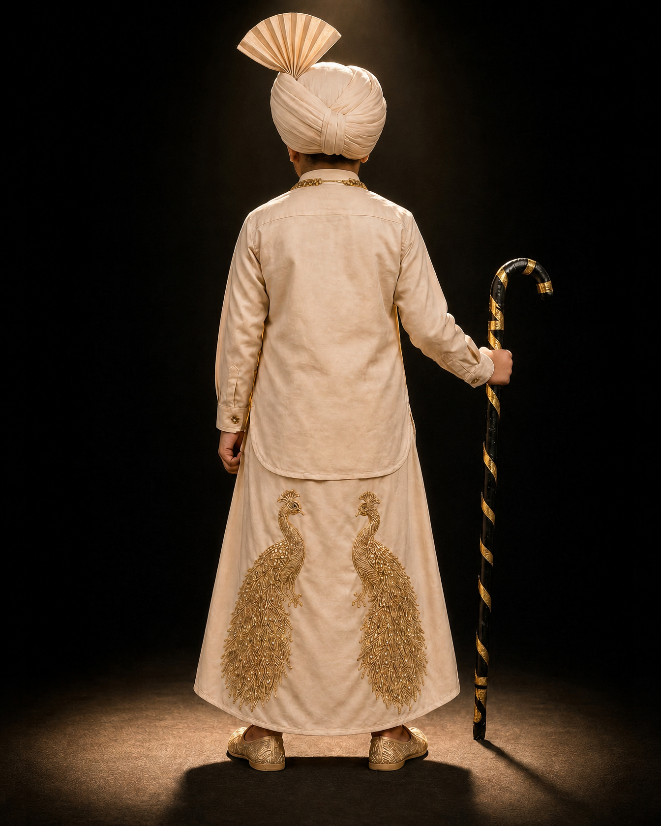 Boy wearing the Complete Pehrawa — Kurta Chadra with Morni peacock embroidery, Pagg, Kaintha, and Jutti